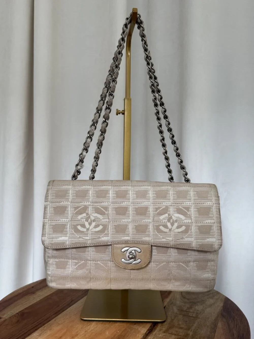 CHANEL Vintage 2003 Travel Line Flap Bag Beige White Silver Chain Medium + Box